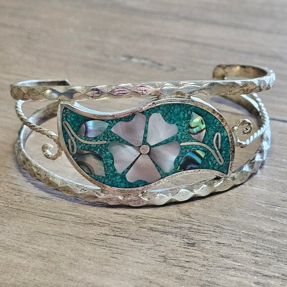 Vintage Alpaca Silver & Turquoise Cuff with Abalone & Mother of Pearl Flower - Picture 2 of 9